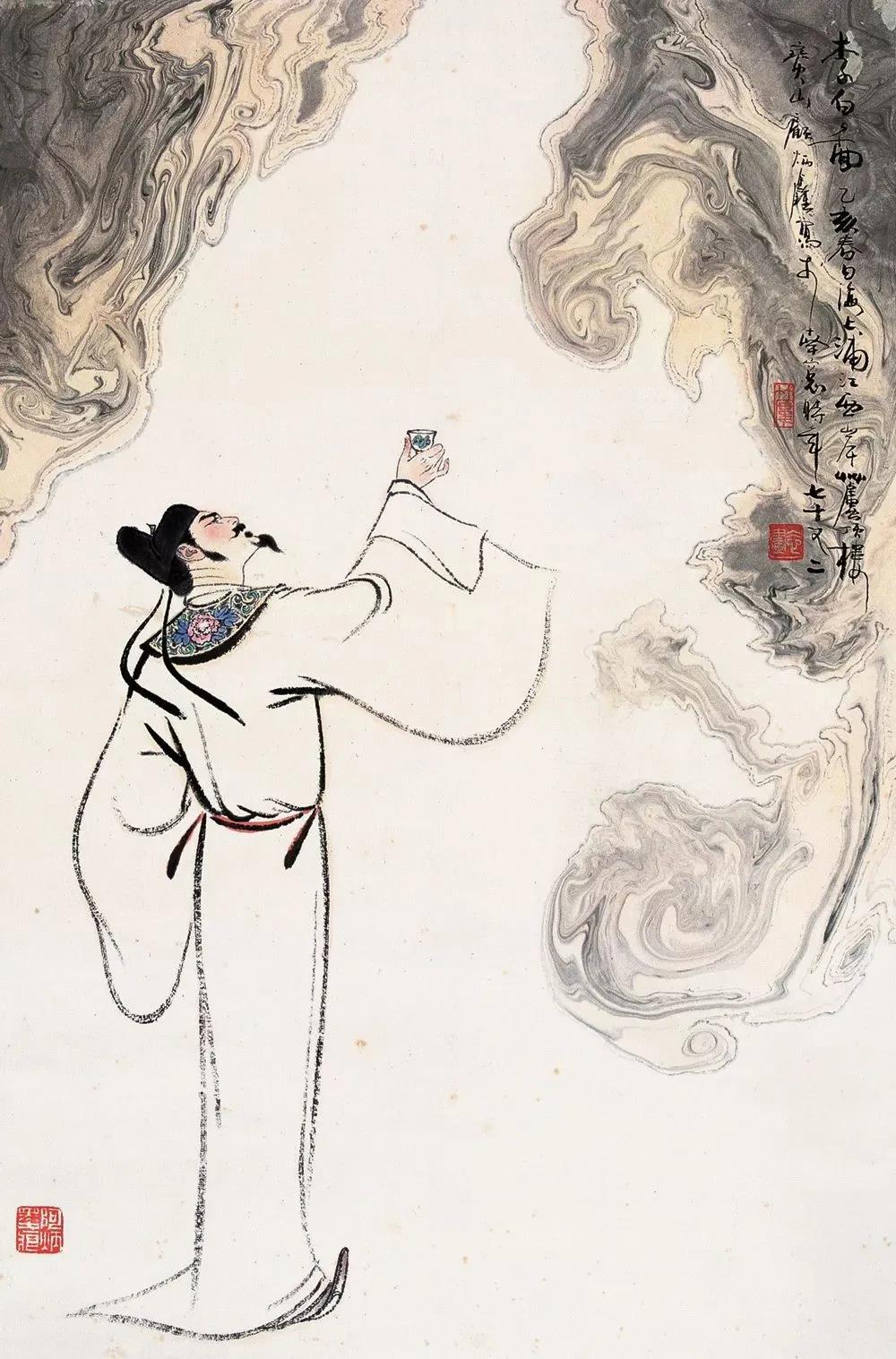 ▲“詩仙”李白勸自己喝酒：“舉杯邀明月，對(duì)飲成三人”。（圖片來源：三聯(lián)生活周刊）